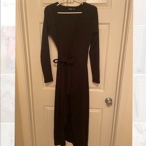 Black wrap sweater dress.